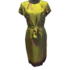 Talbots Pure Silk Midi Dress Size 8 Hidden Back Zipper Tie Waist NWT Green Regal